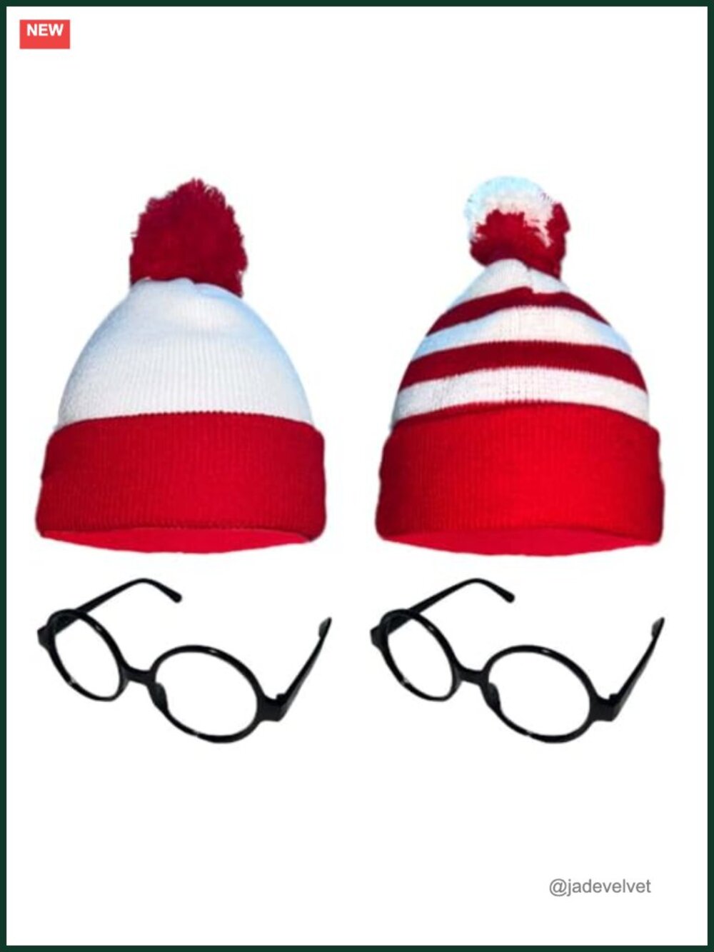Striped Beanies Hat with Pom Poms and Glasses Set Adult Costume Accessory